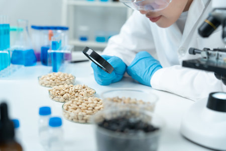Scientist use magnifying glass to check physical occur from chemical on fruit and whole grains  residues in laboratory. inspect the concentration of chemical residues, standardの写真素材