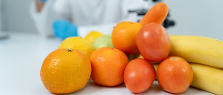 check chemical food residues in laboratory. Control experts inspect quality of fruits, vegetables. lab, hazards, find prohibited substances, contaminate, Microscope,の写真素材