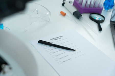 Chemical substance check list for chemical food residues in laboratory. Control experts inspect quality of fruits, vegetables. lab, find prohibited substances, contaminate,の写真素材