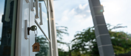 key for unlocking house is plugged into the door. Second hand house for rent and sale. keychain is blowing in the wind. mortgage for new home, buy, sell, renovate, investmentの写真素材
