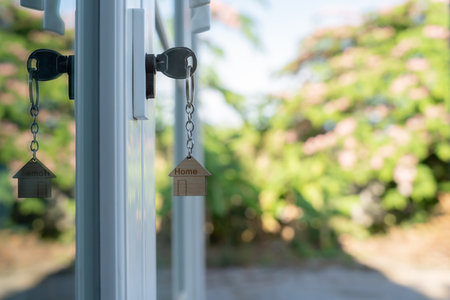 Key for unlocking house is plugged into the door. Second hand house for rent and sale. keychain is...