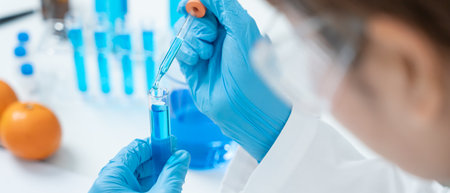 Scientist check chemical food residues in laboratory. Control experts inspect quality of vegetables  vegetables. lab, hazards, find prohibited substances, contaminate, Microscope,の写真素材