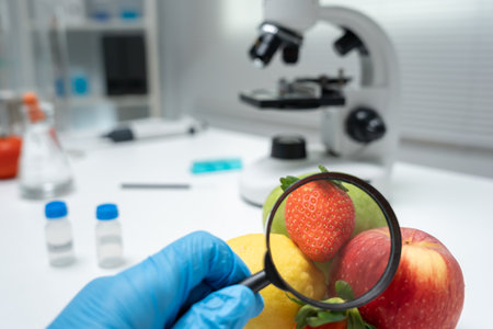 Scientist use magnifying glass to check physical occur from chemical on fruit and vegetable residues in laboratory. inspect the concentration of chemical residues, standard,の写真素材