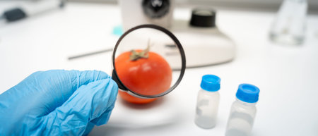 Scientist use magnifying glass to check physical occur from chemical on fruit and vegetable residues...