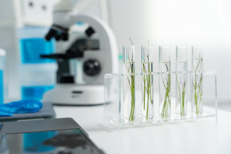 Environmental science, scientists examining plant genetics in test tubes, laboratory testing, laboratory experiments on green plants,の写真素材