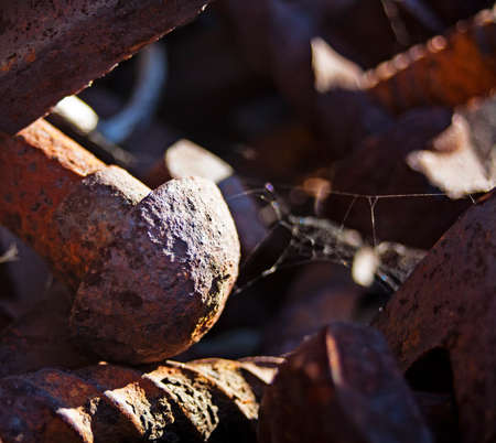 close up view of rusty railroad nails and screws with spider webs.の写真素材