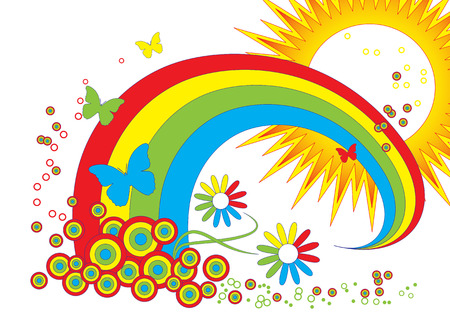 illustrated vector background with rainbow,sun,butterflies and flowersのイラスト素材