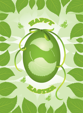 illustrated vector background with Easter egg and leavesのイラスト素材