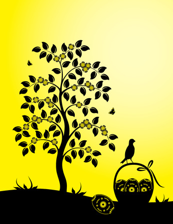 vector Easter eggs in basket and flowering tree on yellow backgroundのイラスト素材