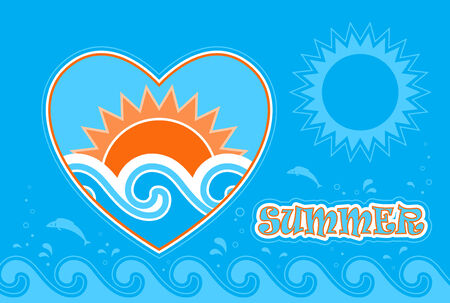  summer background with sun and waves in heartのイラスト素材