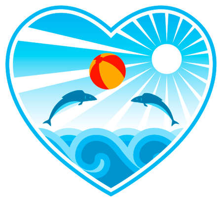 fishes playing with beach ball in heart on white backgroundのイラスト素材