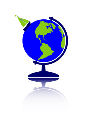 vector sailboat floating around globe with reflexion on white backgroundのイラスト素材