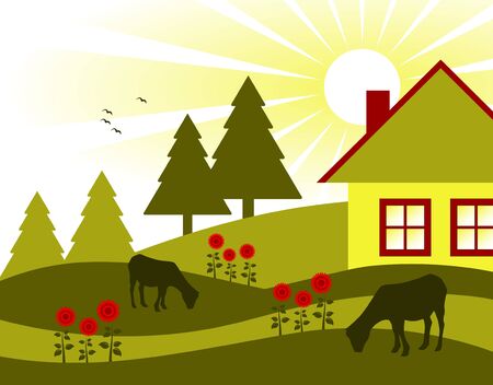 cottage, flowers and grazing goatsのイラスト素材