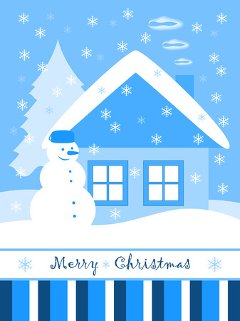 vector Christmas card with snowman and cottageのイラスト素材