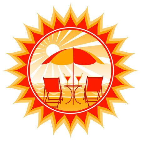 vector deck chairs, drinks and umbrella on the beachのイラスト素材