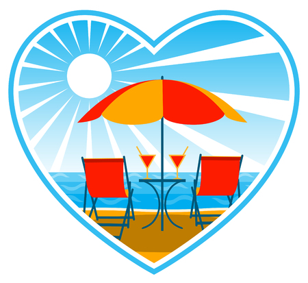   deck chairs and drinks under umbrella on the beachのイラスト素材