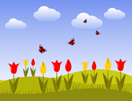 flowery meadow and butterfliesのイラスト素材