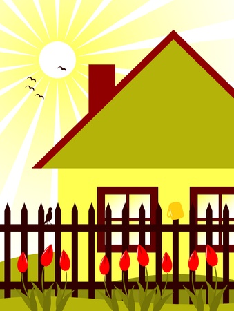 vector cottage and picket fence with tulipsのイラスト素材