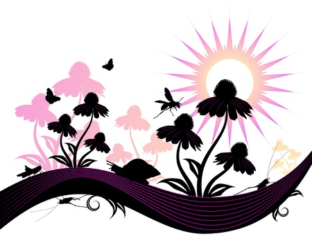 vector background with flowers, snail and insectsのイラスト素材