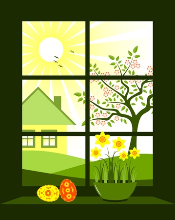 easter eggs and daffodils at windowのイラスト素材