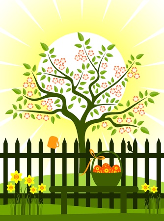 flowering tree and picket fence with daffodils and easter eggs in basket on benchのイラスト素材