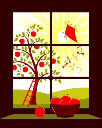 apple tree and kite outside the windowのイラスト素材