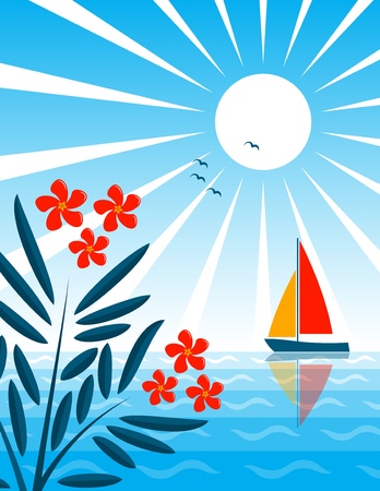 oleander and sailboat floating on the seaのイラスト素材