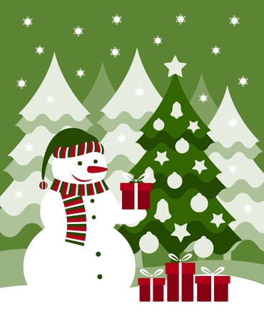 vector snowman, christmas tree and giftsのイラスト素材