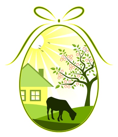 vector easter egg with rural landscape decorのイラスト素材