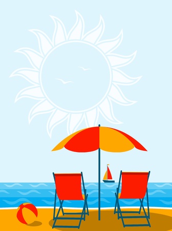 vector deck chairs under umbrella on the beachのイラスト素材