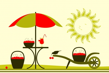 table with umbrella and hand barrow with basket of cherriesのイラスト素材