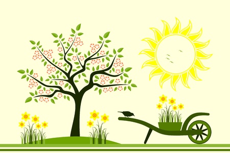flowering tree and hand barrow with daffodilsのイラスト素材