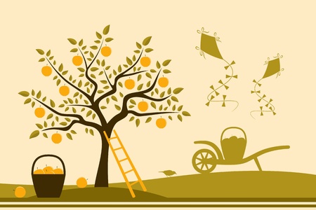 apple tree, hand barrow with basket of apples and kitesのイラスト素材