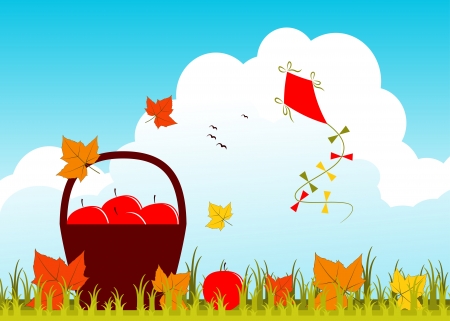 basket of apples, fallen leaves and kiteのイラスト素材