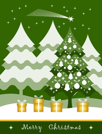 vector christmas tree with gifts and flying cometのイラスト素材