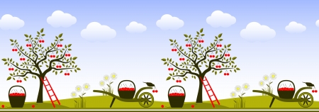 vector seamless border with cherry trees, hand barrows and baskets of cherriesのイラスト素材