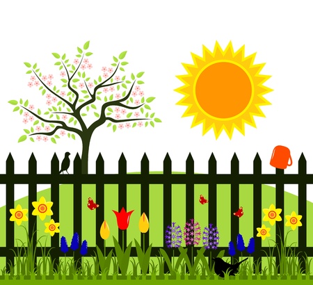 vector flowering tree and picket fence with spring flowersのイラスト素材