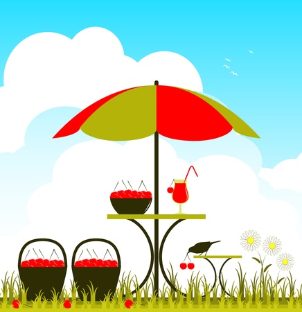vector table with umbrella, cherry juice and cherriesのイラスト素材