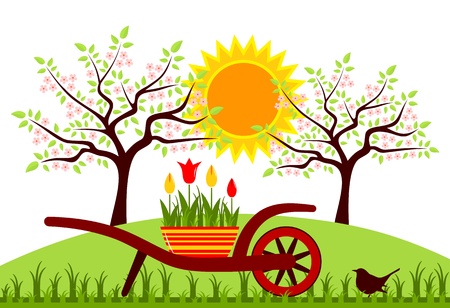 vector hand barrow with tulips in pot and flowering treesのイラスト素材