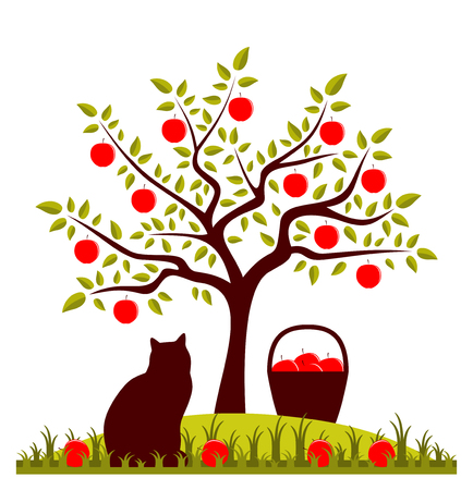 apple tree, basket of apples and catのイラスト素材