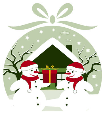 vector pair of snowmen with gift in christmas ballのイラスト素材