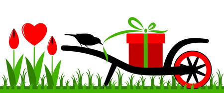 vector wheel barrow with gift and heart flowersのイラスト素材