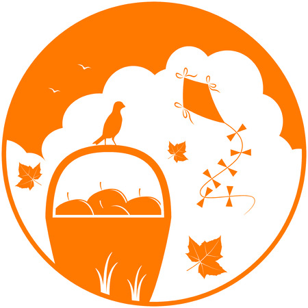 vector basket of apples, fallen leaves and kite on orange roundのイラスト素材