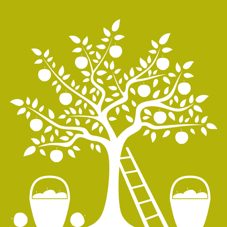 vector apple tree, ladder and baskets of applesのイラスト素材