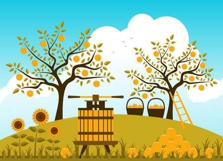 vector fruit press and baskets of apples in apple orchardのイラスト素材