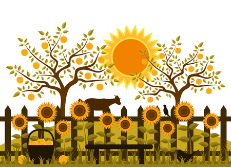 vector picket fence with sunflowers and apple orchardのイラスト素材