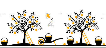 seamless border with apple trees, hand barrows and baskets of apples isolated on white backgroundのイラスト素材