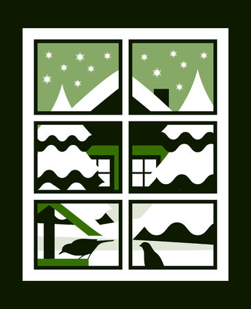 vector snowy bird table with birds outside the windowのイラスト素材