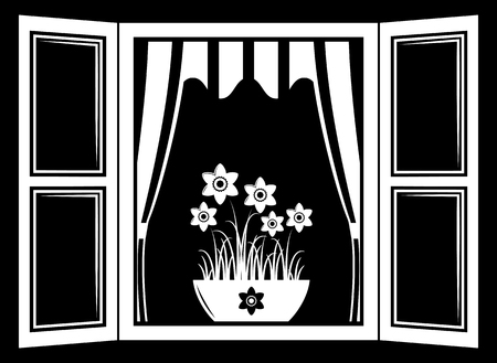 vector daffodils in the window isolated on black backgroundのイラスト素材
