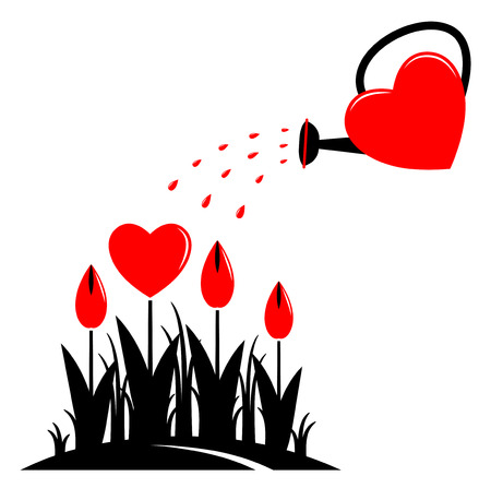 vector heart flowers and heart watering can isolated on white backgroundのイラスト素材